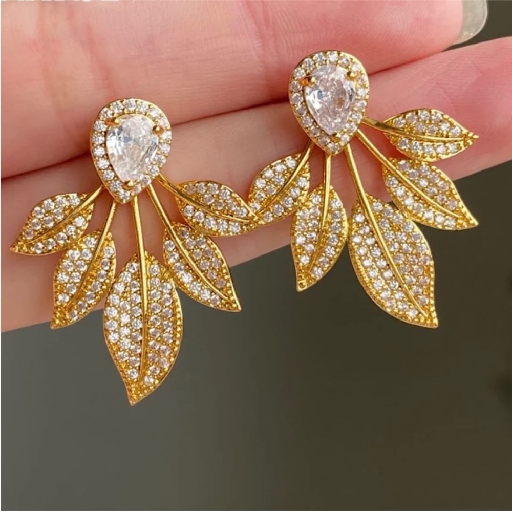 Diamond Leaf Floral Crystal Bohemian Gold 925 Sterling Silver Festival Earring - Picture 5 of 6